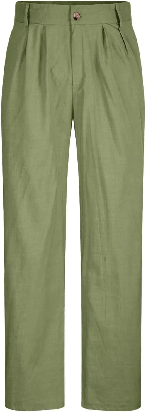 Cotton Linen Pants for Men Pleated Front Lightweight Casual Pants Straight Leg Suit Office Trousers with Pocket