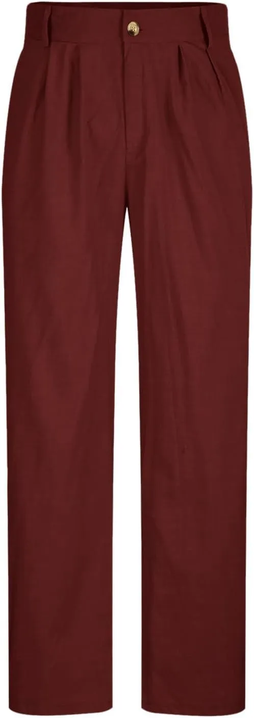 Cotton Linen Pants for Men Pleated Front Lightweight Casual Pants Straight Leg Suit Office Trousers with Pocket
