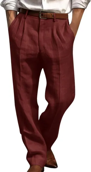 Cotton Linen Pants for Men Pleated Front Lightweight Casual Pants Straight Leg Suit Office Trousers with Pocket