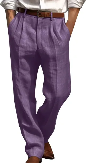 Cotton Linen Pants Mens Pleated Front Trousers Straight Leg Suit Pants Solid Color Business Casual Office Dress Pants