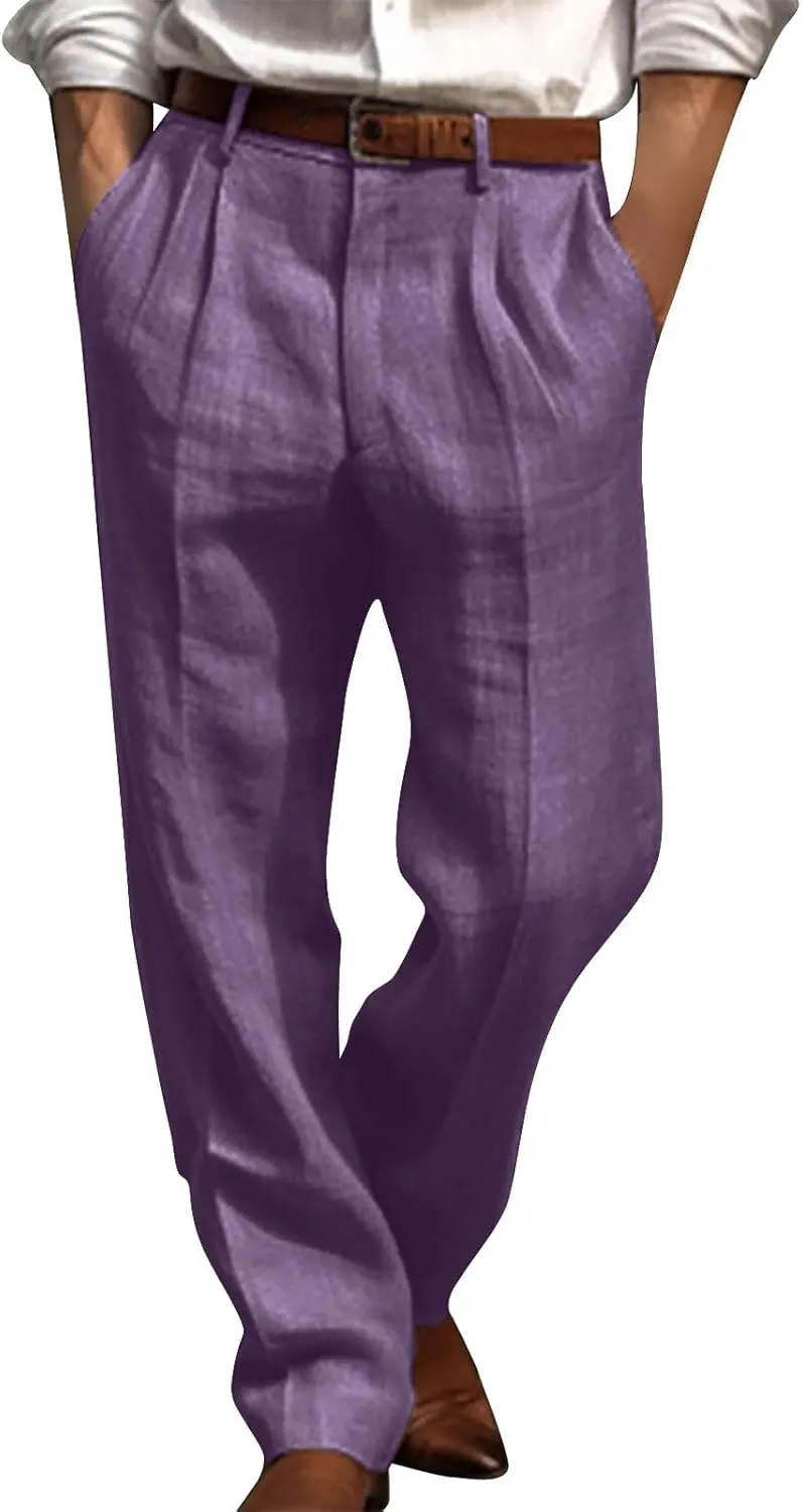 Cotton Linen Pants Mens Pleated Front Trousers Straight Leg Suit Pants Solid Color Business Casual Office Dress Pants