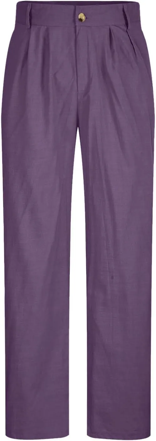 Cotton Linen Pants Mens Pleated Front Trousers Straight Leg Suit Pants Solid Color Business Casual Office Dress Pants