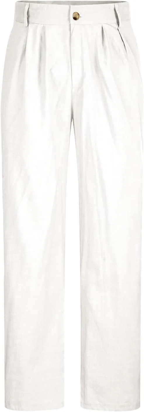 Cotton Linen Pants Mens Pleated Front Trousers Straight Leg Suit Pants Solid Color Business Casual Office Dress Pants