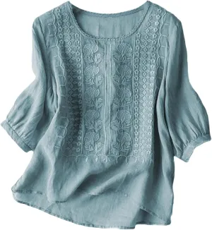 Cotton Linen Shirts for Women 2025 Trendy Summer Floral Embroidered 3/4 Sleeve Gauze Boho Blouse Casual Vacation Top