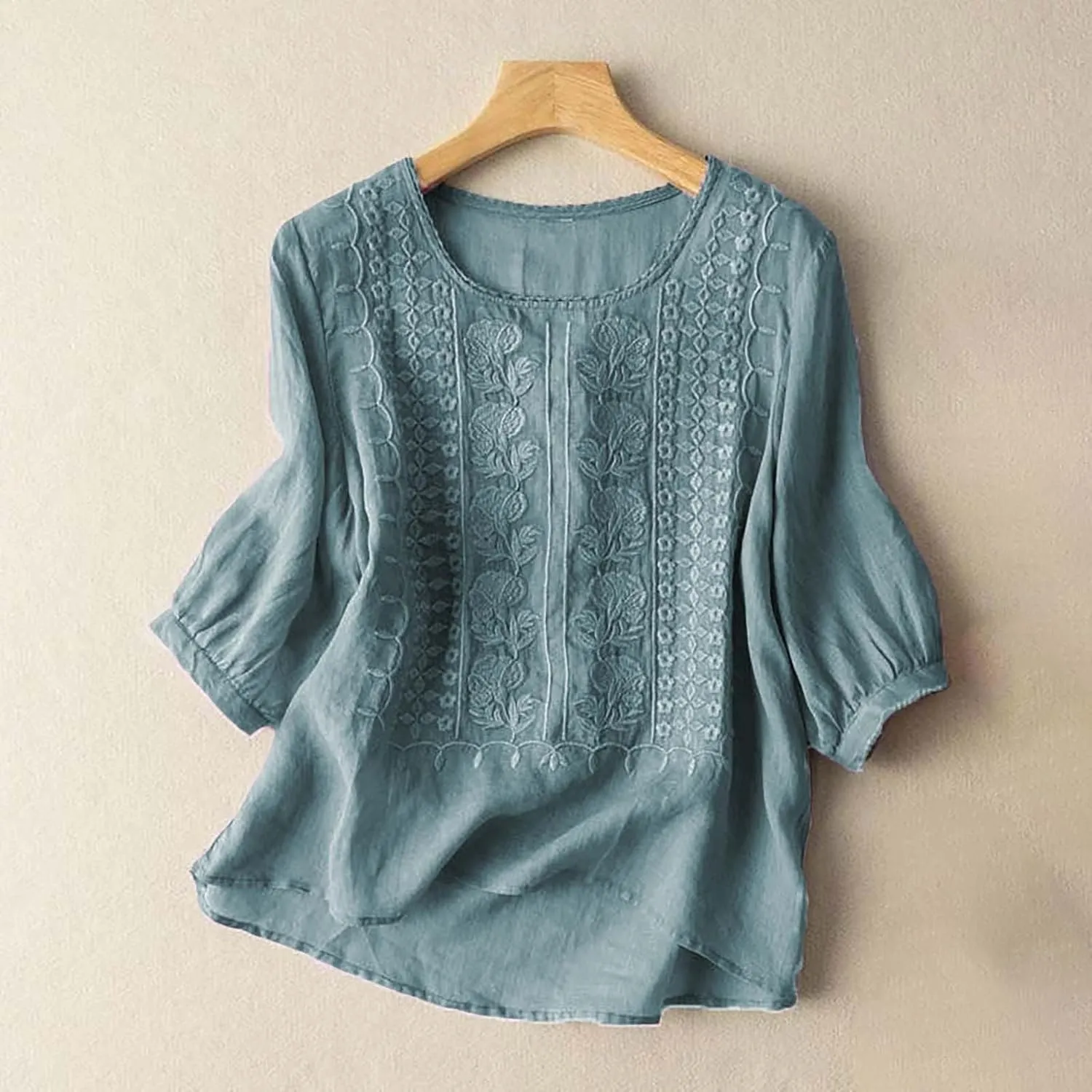 Cotton Linen Shirts for Women 2025 Trendy Summer Floral Embroidered 3/4 Sleeve Gauze Boho Blouse Casual Vacation Top