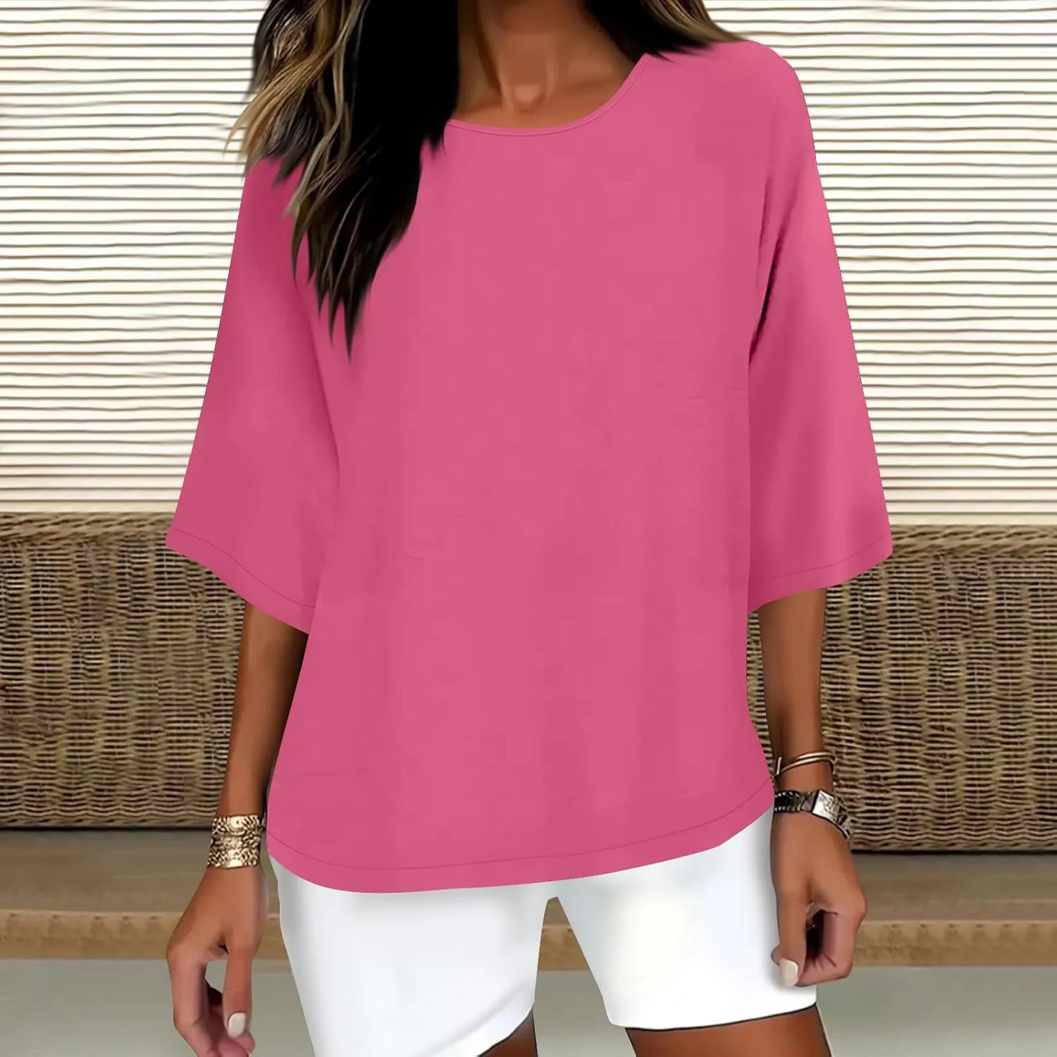 Cotton Linen T Shirt for Women Fashion 3/4 Sleeve Crewneck Tops Summer Loose Comfy Blouses 2025 Outdoor Lounge Outfit