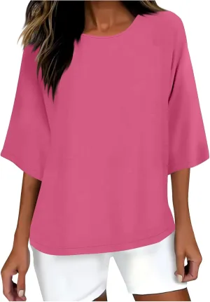 Cotton Linen T Shirt for Women Fashion 3/4 Sleeve Crewneck Tops Summer Loose Comfy Blouses 2025 Outdoor Lounge Outfit
