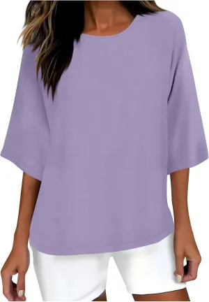 Cotton Linen T Shirt for Women Fashion 3/4 Sleeve Crewneck Tops Summer Loose Comfy Blouses 2025 Outdoor Lounge Outfit