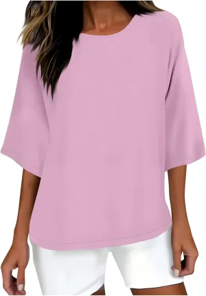 Cotton Linen T Shirt for Women Fashion 3/4 Sleeve Crewneck Tops Summer Loose Comfy Blouses 2025 Outdoor Lounge Outfit