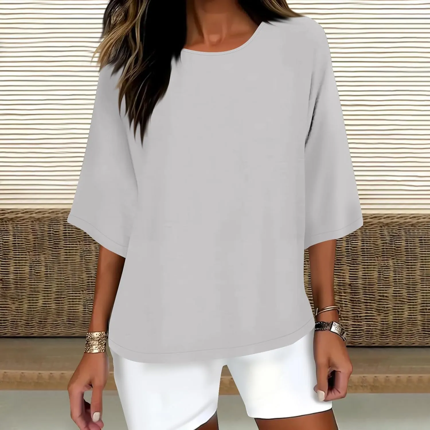 Cotton Linen T Shirt for Women Fashion 3/4 Sleeve Crewneck Tops Summer Loose Comfy Blouses 2025 Outdoor Lounge Outfit