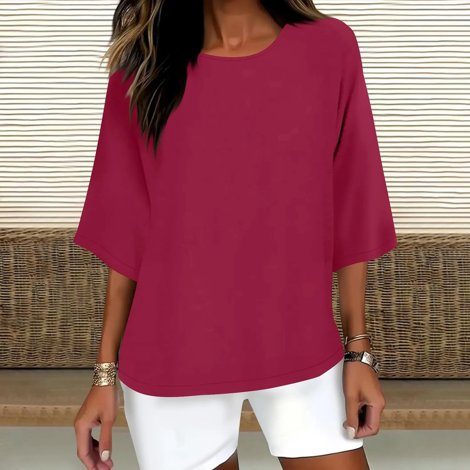 Cotton Linen T Shirt for Women Fashion 3/4 Sleeve Crewneck Tops Summer Loose Comfy Blouses 2025 Outdoor Lounge Outfit