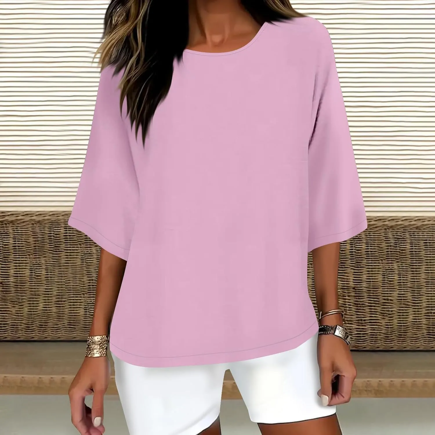 Cotton Linen T Shirt for Women Fashion 3/4 Sleeve Crewneck Tops Summer Loose Comfy Blouses 2025 Outdoor Lounge Outfit