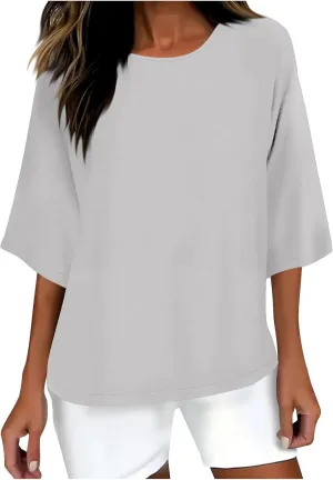 Cotton Linen T Shirt for Women Fashion 3/4 Sleeve Crewneck Tops Summer Loose Comfy Blouses 2025 Outdoor Lounge Outfit