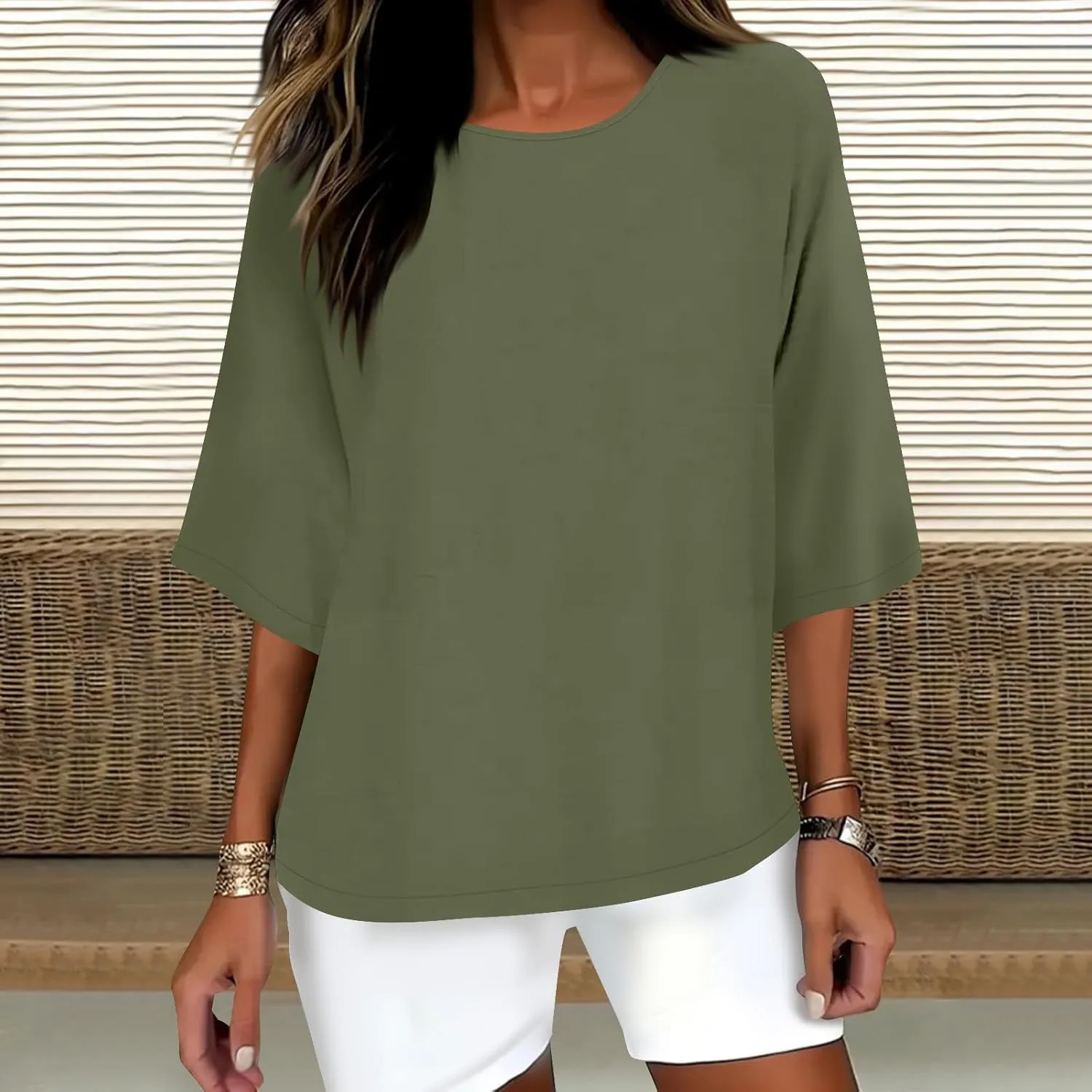 Cotton Linen T Shirt for Women Fashion 3/4 Sleeve Crewneck Tops Summer Loose Comfy Blouses 2025 Outdoor Lounge Outfit