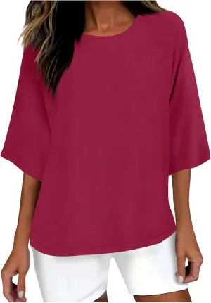 Cotton Linen T Shirt for Women Fashion 3/4 Sleeve Crewneck Tops Summer Loose Comfy Blouses 2025 Outdoor Lounge Outfit