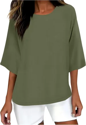 Cotton Linen T Shirt for Women Fashion 3/4 Sleeve Crewneck Tops Summer Loose Comfy Blouses 2025 Outdoor Lounge Outfit