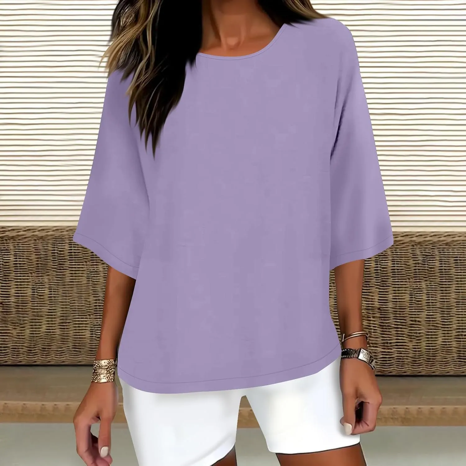Cotton Linen T Shirt for Women Fashion 3/4 Sleeve Crewneck Tops Summer Loose Comfy Blouses 2025 Outdoor Lounge Outfit