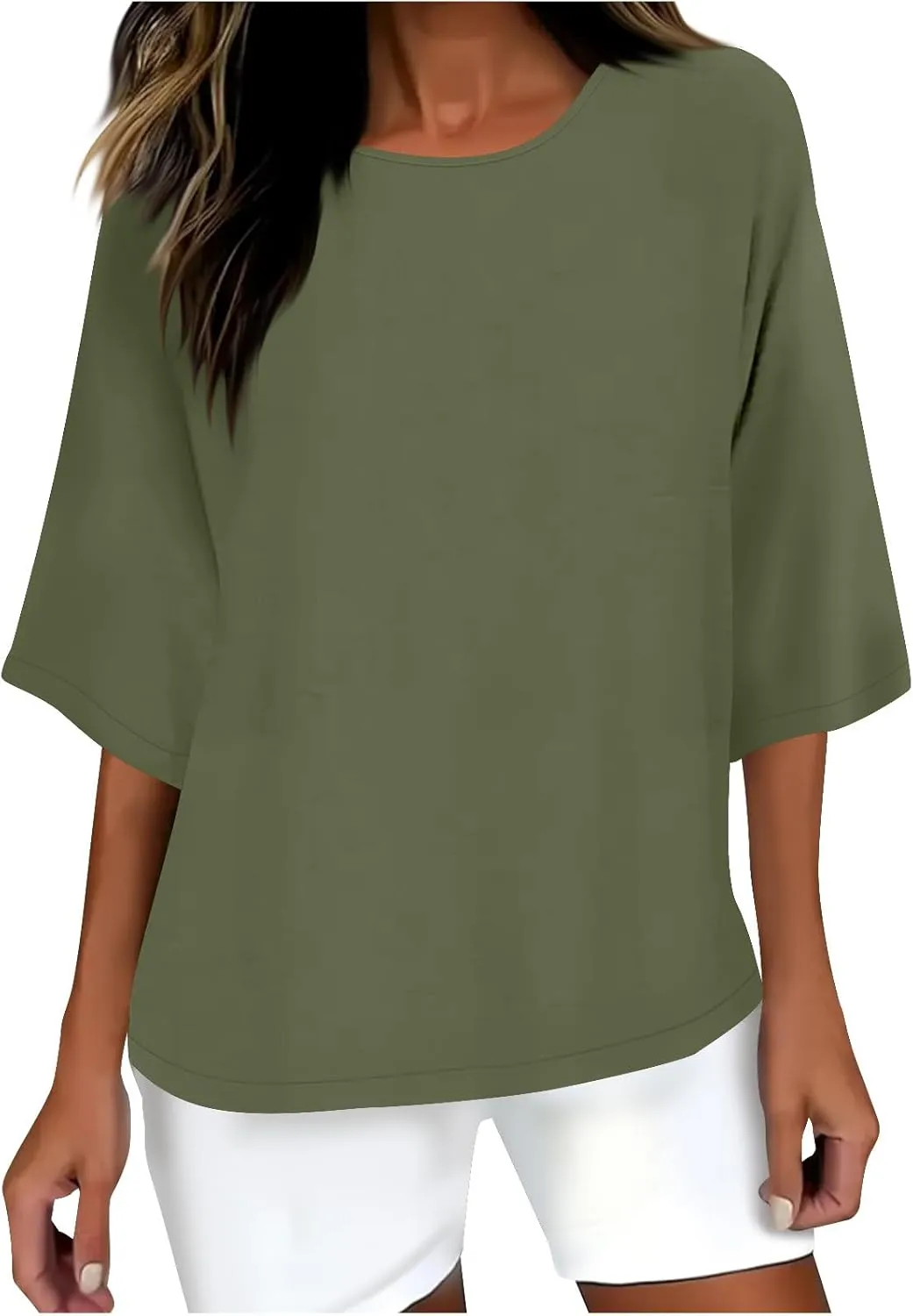 Cotton Linen T Shirt for Women Fashion 3/4 Sleeve Crewneck Tops Summer Loose Comfy Blouses 2025 Outdoor Lounge Outfit
