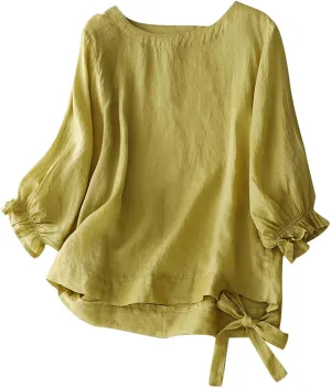 Cotton Linen Tops for Women Casual Vintage Crew Neck Shirts 3/4 Puff Sleeve Short Sleeve Side Tie Summer Tunic Blouse