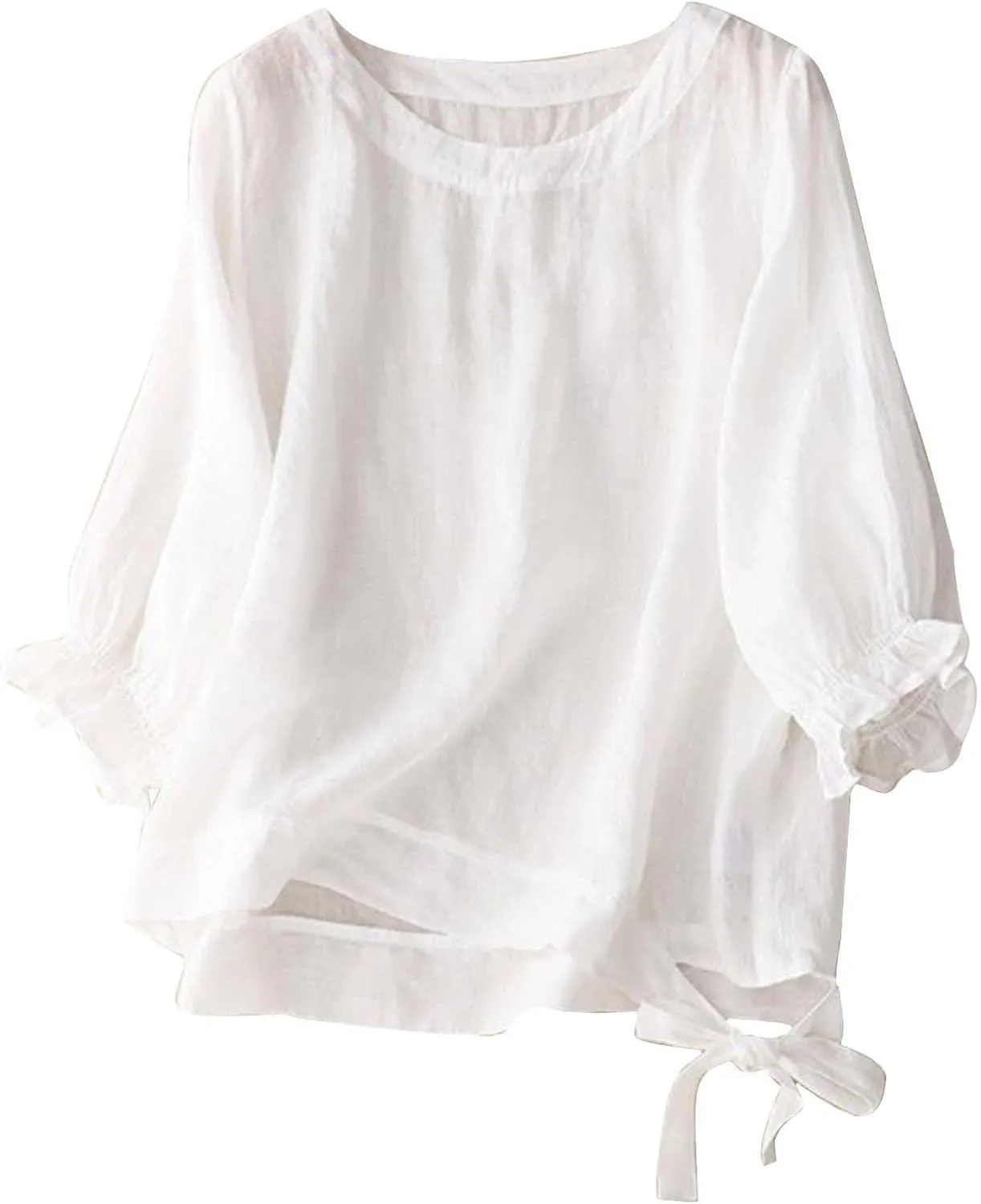 Cotton Linen Tops for Women Casual Vintage Crew Neck Shirts 3/4 Puff Sleeve Short Sleeve Side Tie Summer Tunic Blouse