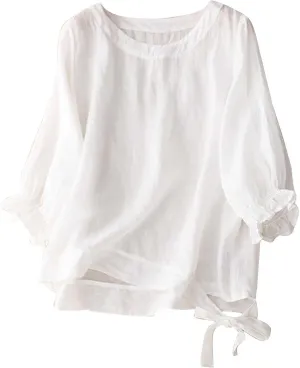 Cotton Linen Tops for Women Casual Vintage Crew Neck Shirts 3/4 Puff Sleeve Short Sleeve Side Tie Summer Tunic Blouse