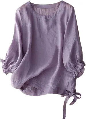 Cotton Linen Tops for Women Casual Vintage Crew Neck Shirts 3/4 Puff Sleeve Short Sleeve Side Tie Summer Tunic Blouse