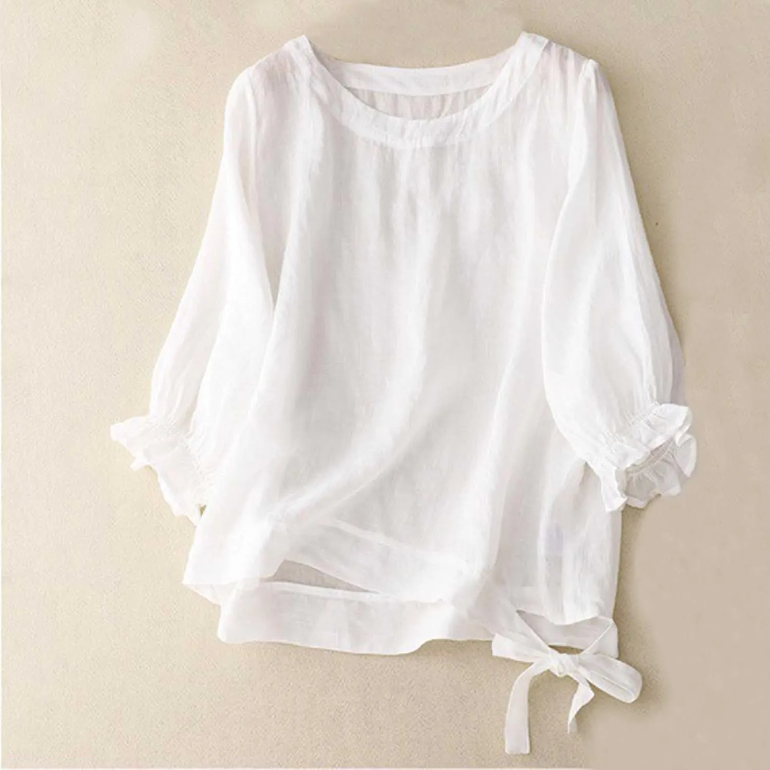Cotton Linen Tops for Women Casual Vintage Crew Neck Shirts 3/4 Puff Sleeve Short Sleeve Side Tie Summer Tunic Blouse