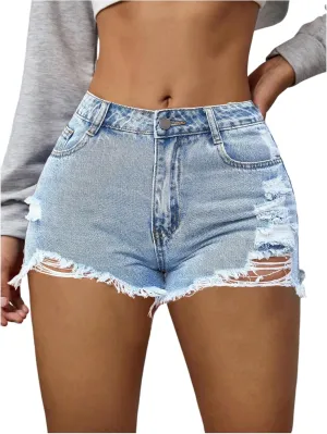 COZYEASE Women's Ripped Raw Trim Denim Shorts Plain Zipper Fly Straight Leg Jean Shorts
