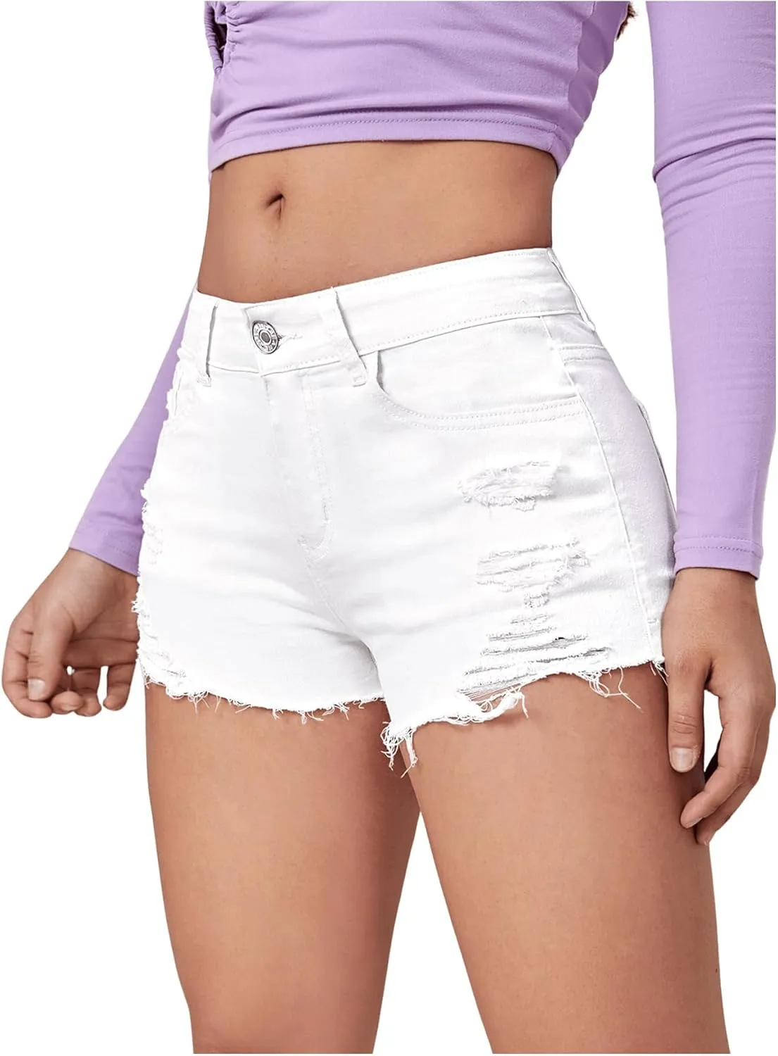 COZYEASE Women's Ripped Raw Trim Denim Shorts Plain Zipper Fly Straight Leg Jean Shorts