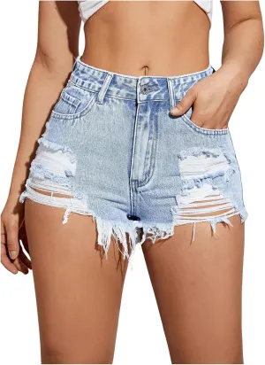 COZYEASE Women's Ripped Raw Trim Denim Shorts Plain Zipper Fly Straight Leg Jean Shorts