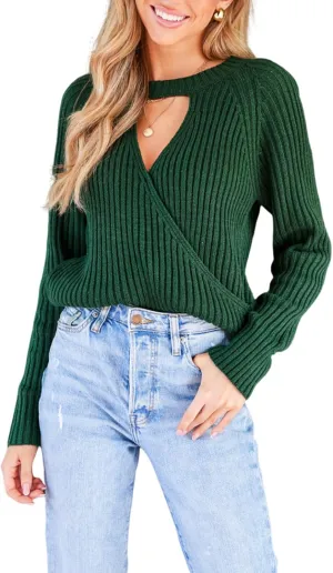 CUPSHE Women's 2024 Fall Cutout Pullover Sweaters Long Sleeve Ribbed Knit Wrap Jumper Tops