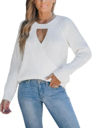 CUPSHE Women's 2024 Fall Cutout Pullover Sweaters Long Sleeve Ribbed Knit Wrap Jumper Tops