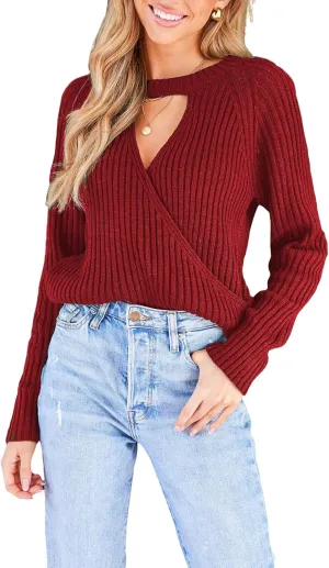 CUPSHE Women's 2024 Fall Cutout Pullover Sweaters Long Sleeve Ribbed Knit Wrap Jumper Tops