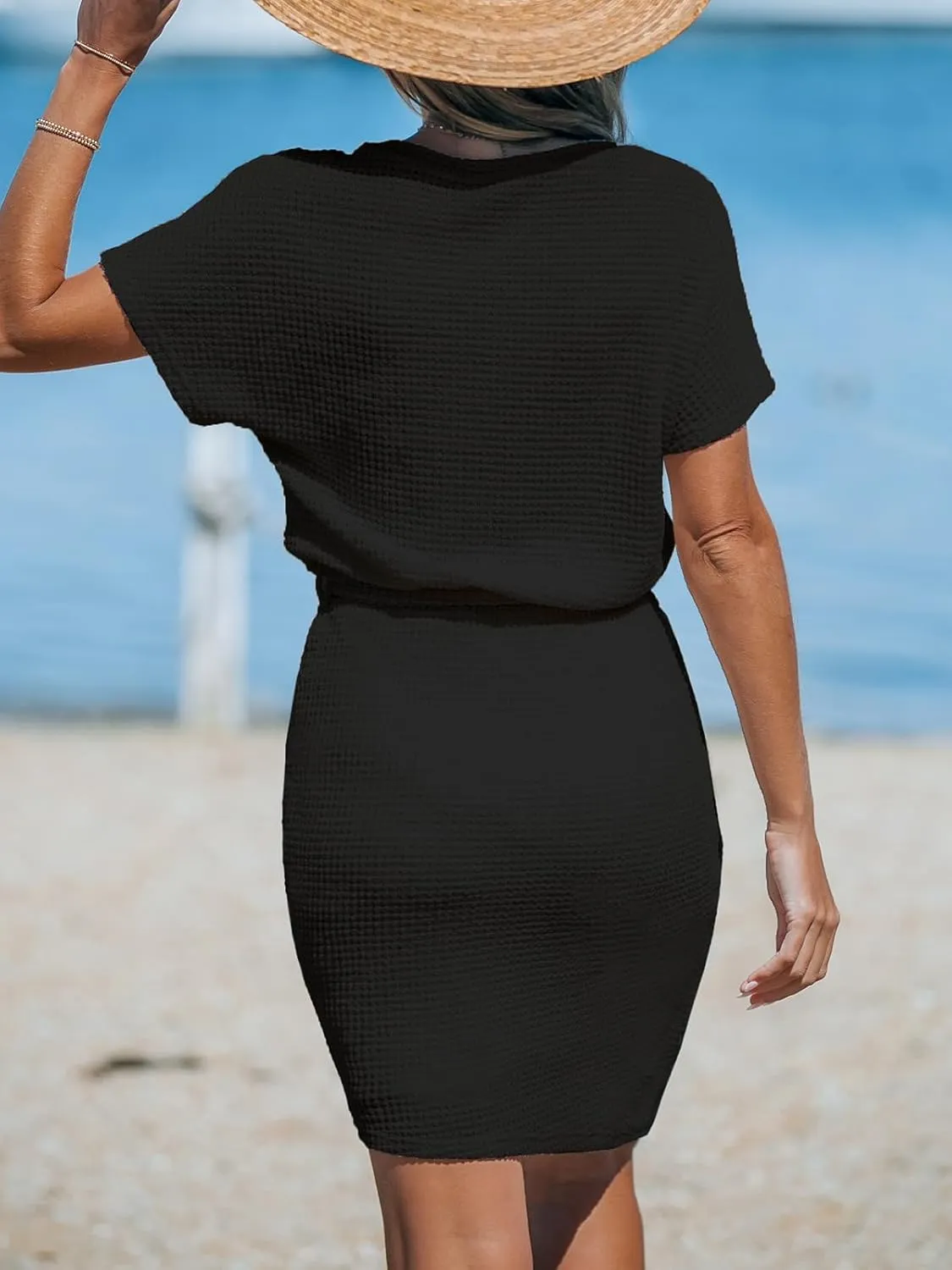 CUPSHE Women's Knit Mini Dress Short Dolman Sleeve Round Neck Wrap with Side Tie Casual Summer Dresses