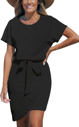 CUPSHE Women's Knit Mini Dress Short Dolman Sleeve Round Neck Wrap with Side Tie Casual Summer Dresses