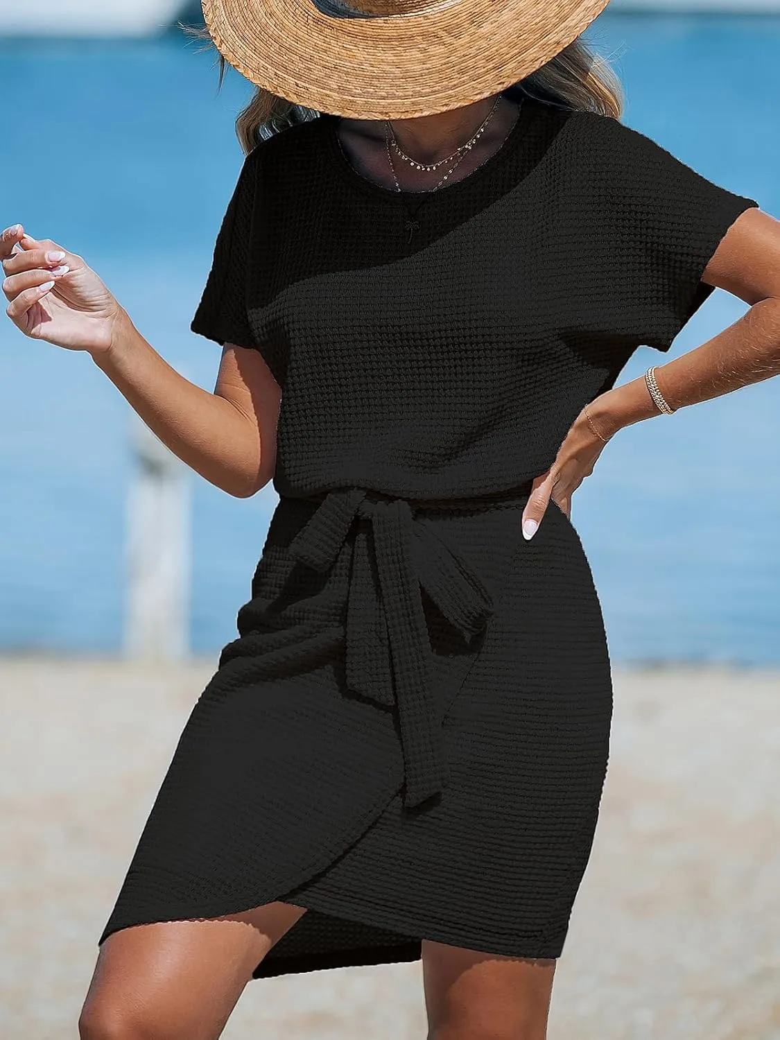 CUPSHE Women's Knit Mini Dress Short Dolman Sleeve Round Neck Wrap with Side Tie Casual Summer Dresses