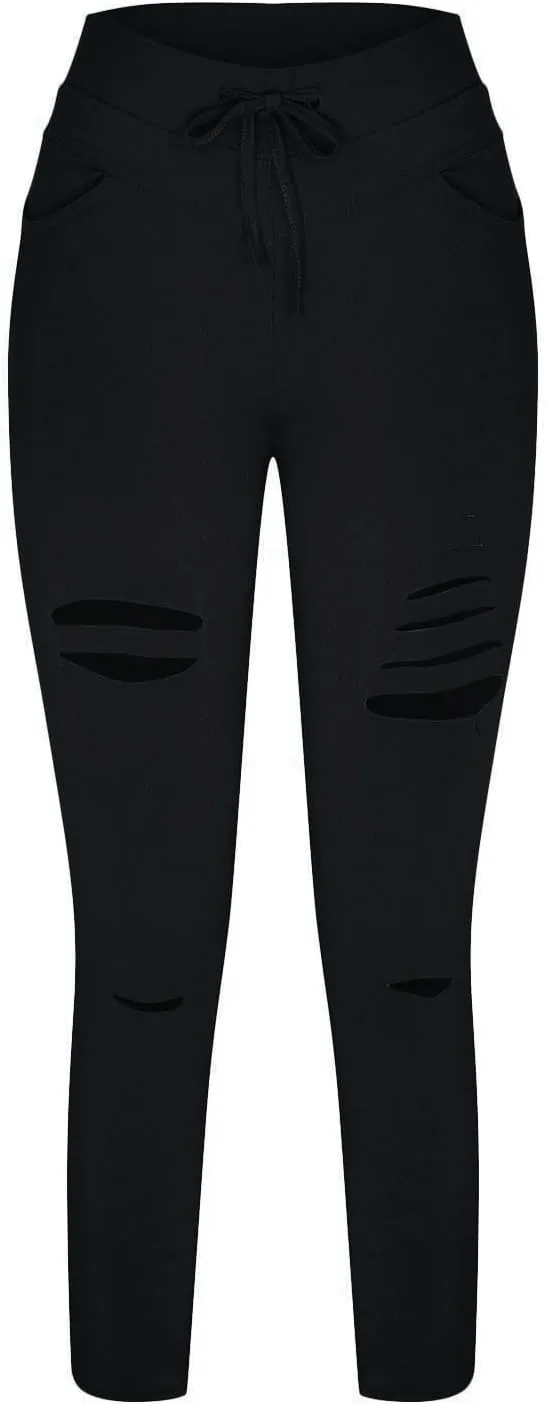 Cutout Ripped Leggings for Women Tummy Control with Pockets High Waist Drawstring Pants Stretchy Skinny Yoga Pants