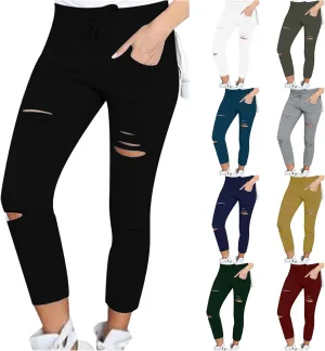 Cutout Ripped Leggings for Women Tummy Control with Pockets High Waist Drawstring Pants Stretchy Skinny Yoga Pants
