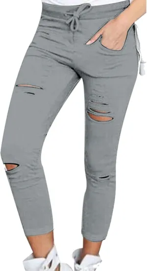 Cutout Ripped Leggings for Women Tummy Control with Pockets High Waist Drawstring Pants Stretchy Skinny Yoga Pants