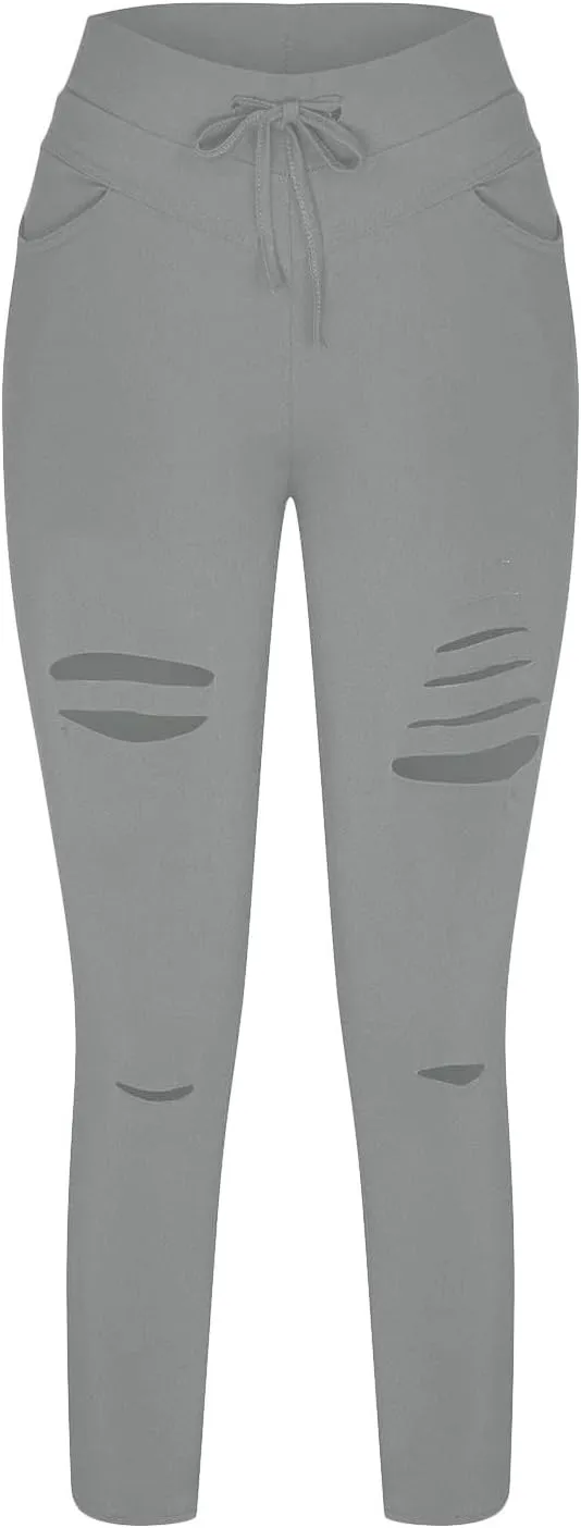 Cutout Ripped Leggings for Women Tummy Control with Pockets High Waist Drawstring Pants Stretchy Skinny Yoga Pants