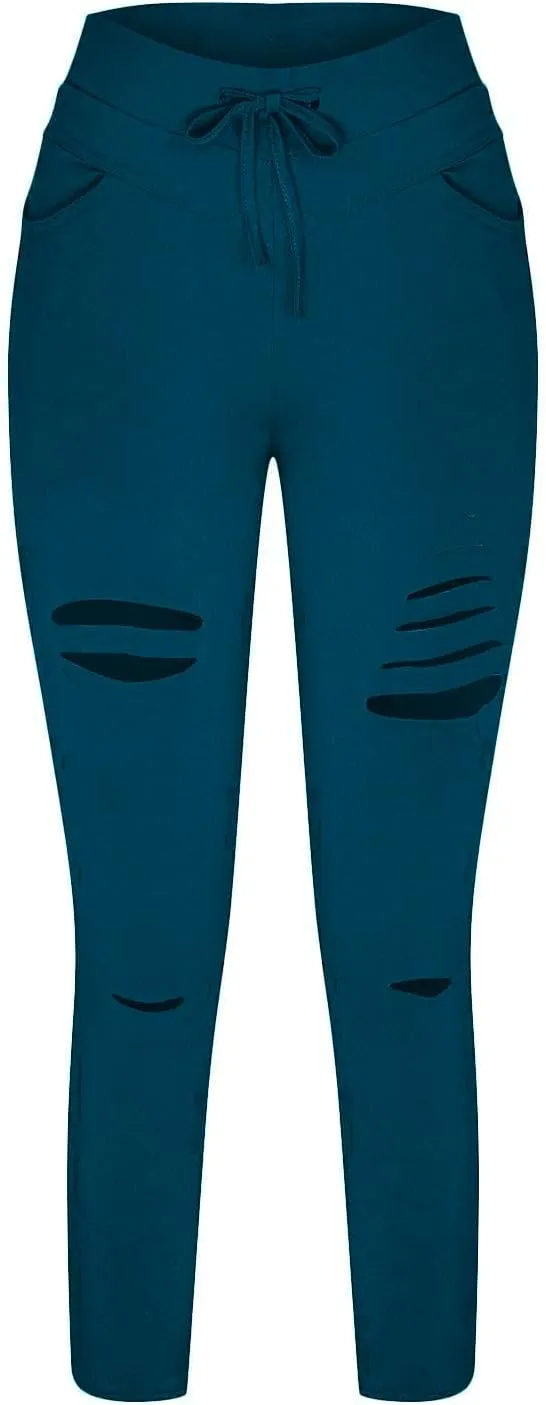 Cutout Ripped Leggings for Women Tummy Control with Pockets High Waist Drawstring Pants Stretchy Skinny Yoga Pants