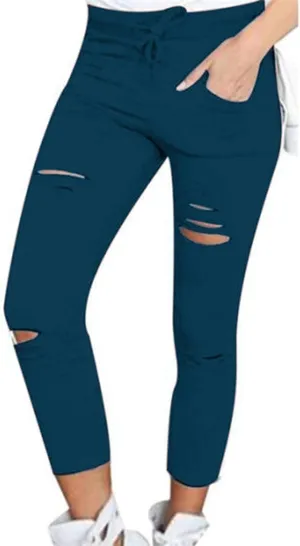 Cutout Ripped Leggings for Women Tummy Control with Pockets High Waist Drawstring Pants Stretchy Skinny Yoga Pants