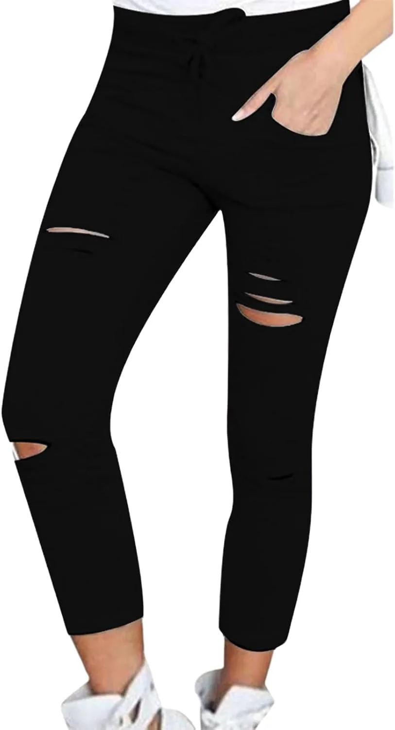 Cutout Ripped Leggings for Women Tummy Control with Pockets High Waist Drawstring Pants Stretchy Skinny Yoga Pants