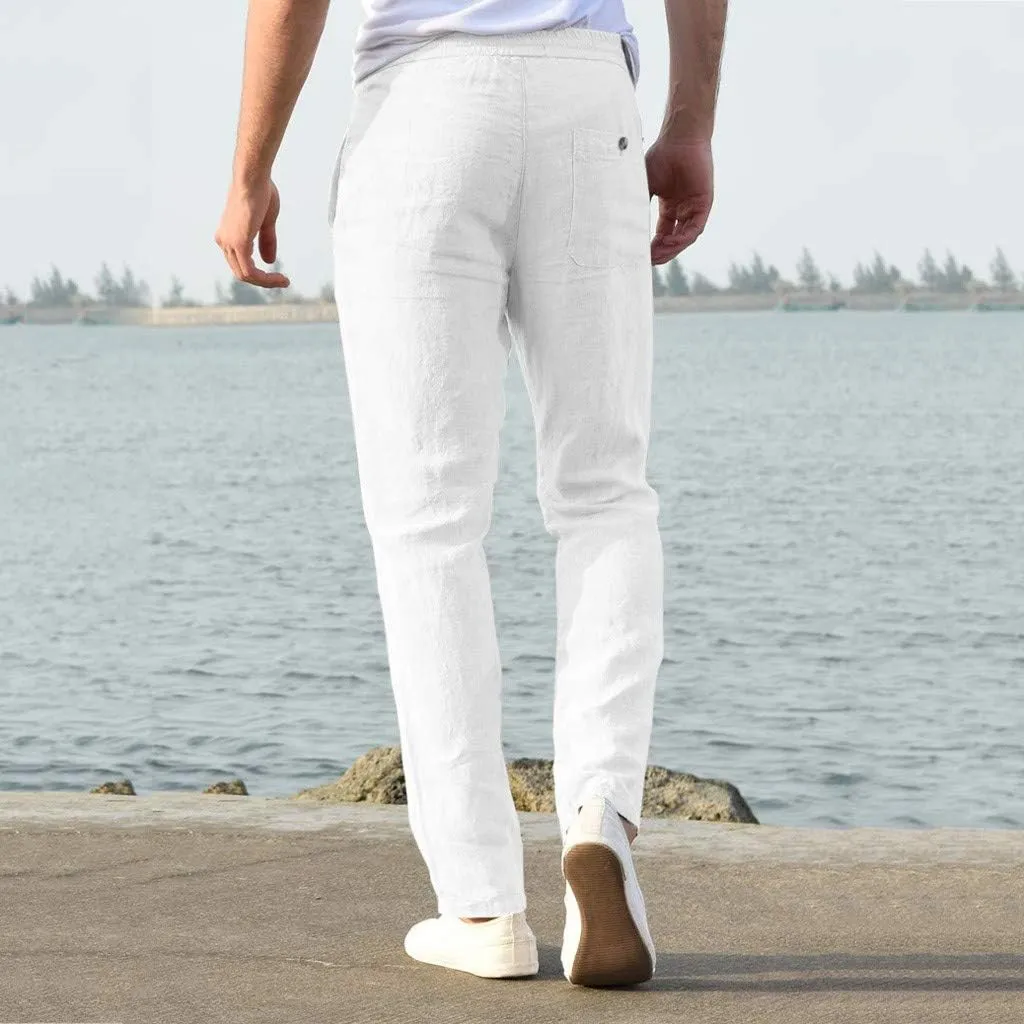 Dademeo Men Casual Pants Cotton Solid Elastic Waist Drawstring Long Pants Breathable Trousers Lounge Lightweight Chino Pants