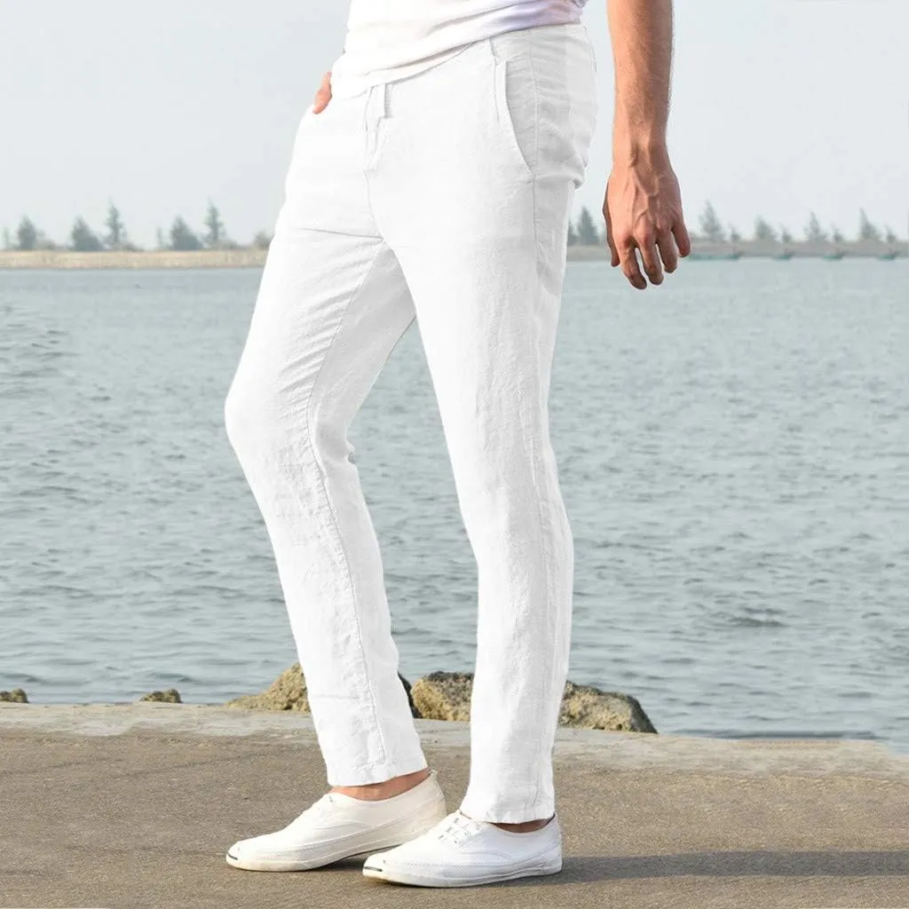 Dademeo Men Casual Pants Cotton Solid Elastic Waist Drawstring Long Pants Breathable Trousers Lounge Lightweight Chino Pants