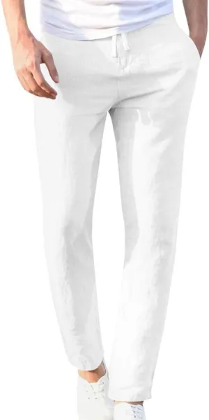 Dademeo Men Casual Pants Cotton Solid Elastic Waist Drawstring Long Pants Breathable Trousers Lounge Lightweight Chino Pants