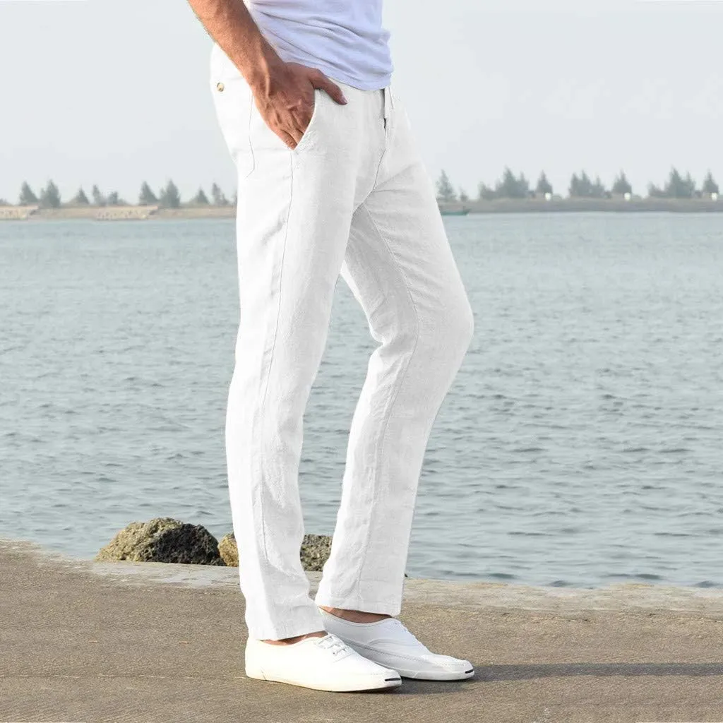 Dademeo Men Casual Pants Cotton Solid Elastic Waist Drawstring Long Pants Breathable Trousers Lounge Lightweight Chino Pants