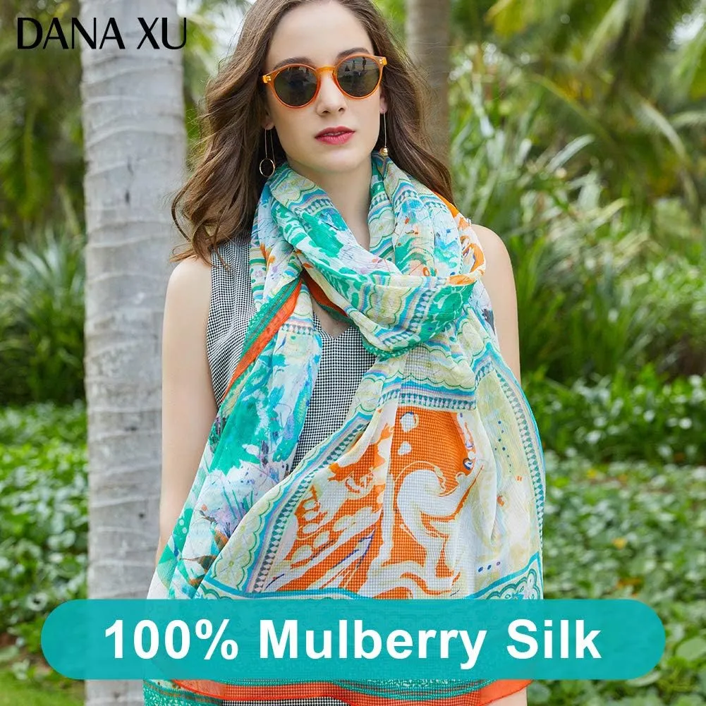 DANA XU 100% Pure Mulberry Crinkle Georgette Silk Large Size Wedding Pashmina Shawls and Wraps travel floral Scarf for Women