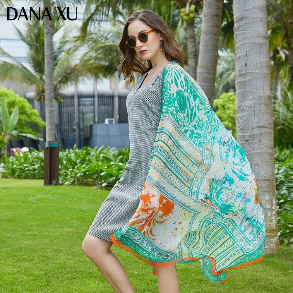 DANA XU 100% Pure Mulberry Crinkle Georgette Silk Large Size Wedding Pashmina Shawls and Wraps travel floral Scarf for Women