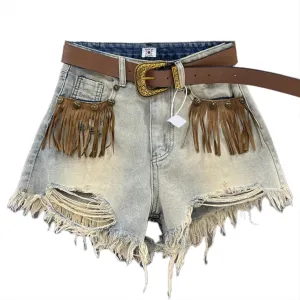 Dawery Fringe Frayed Edge Ripped Hole Jeans Women's Summer Retro Slimming Wide Leg Short Pants
